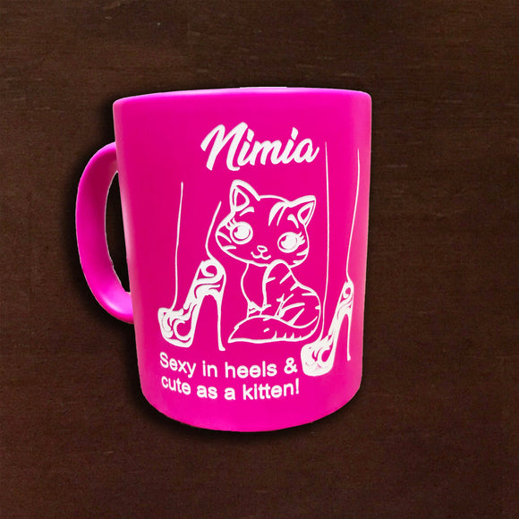 Hot Pink Mug, Heels and Kitten Laser engraved Mug