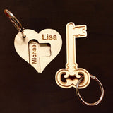 key to heart keychain set wood